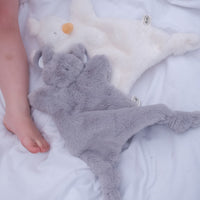 Dreamy Days white goose and grey mouse plush comforter on white blanket