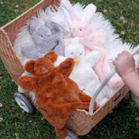 Dreamy days brown bear pink bunny white goose grey mouse comforter in pram on grass